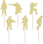 Gyufise 24Pcs Military Soldier Cupcake Toppers Glitter Military Theme Cupcake Picks for Navy Army Special Forces Veteran's Day Men Boys Birthday Party Cake Decorations Supplies Gold