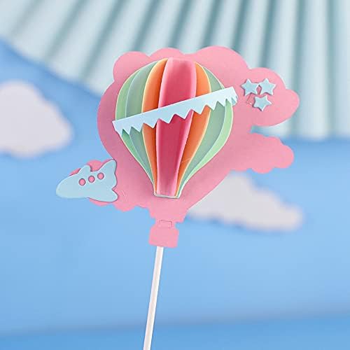 12Pcs 3D Hot Air Balloon Paper Cupcake Topper, Birthday Cake Decorations with Airplane Stars for Kids Birthday, Baby Shower, Wedding Party, Party Decorations Supplies (4 Pink & 4 Yellow & 4 Blue)