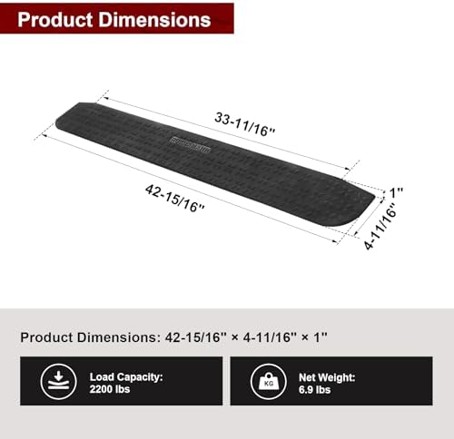 Ruedamann 1" Rise Rubber Threshold Ramp, 42.9" Wide Wheelchair Ramp, 2200 Lbs Capacity, Entry Ramp with Non-Slip Surface, for Wheelchairs, Scooter, Power Chairs, Driveways, Curb