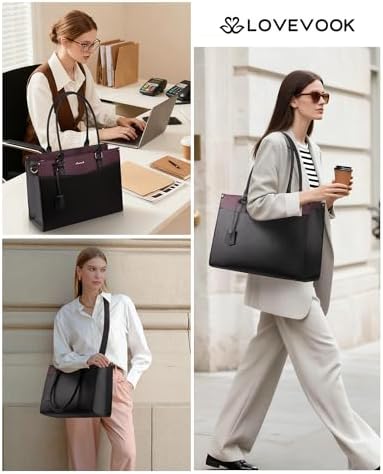 LOVEVOOK Laptop Bag for Women, 2-in-1 Tote Purse with Clutch & Cup Holder, Waterproof Briefcase for Work Travel