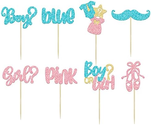 Gyufise 24Pcs Boy or Girl Cupcake Toppers Glitter Mustache Eyelash Gender Reveal Cupcake Picks Pink or Blue Cake Decorations for Baby Shower Gender Reveal Birthday Party Supplies
