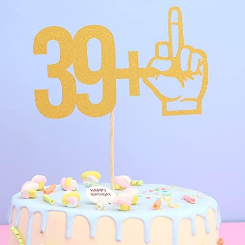 39＋1 Middle Finger Cake Topper - Single-side Gold Glitter 39+1 Birthday Party Decoration Supplies, Gold 40th Birthday/Wedding Anniversary Cake Topper, Happy Forty Birthday