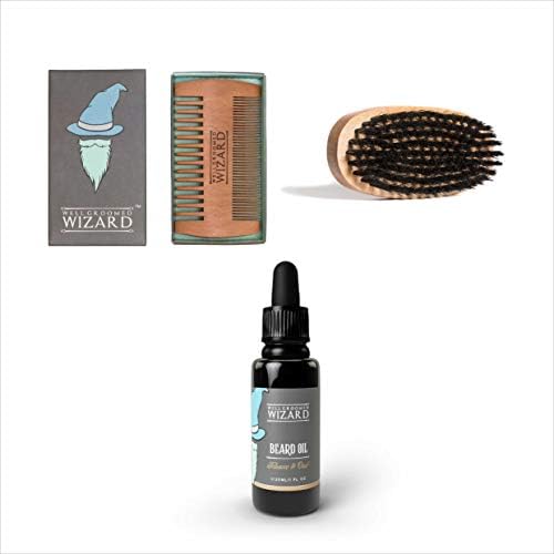 Beard Comb, Brush and Beard Oil Set, Beard Grooming Kit (Tobacco & Oud)