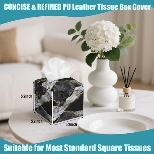 Black White Marble Tissue Box Cover Square,Golden Veins Leather Tissue Holder with Bottom Belt,Facial Paper Organizer Tissue Box Cover for Home Office Bathroom Vanity Countertop,5.2" x 5.2" x 5.2"