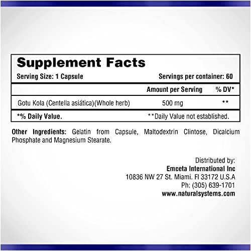 Centella Asiatica 500 mg 60 Capsules by Natural Systems - Gotu Kola Herb Moisturizer for Your Skin - Extract Also Beneficial for Calming Mind Tiredness