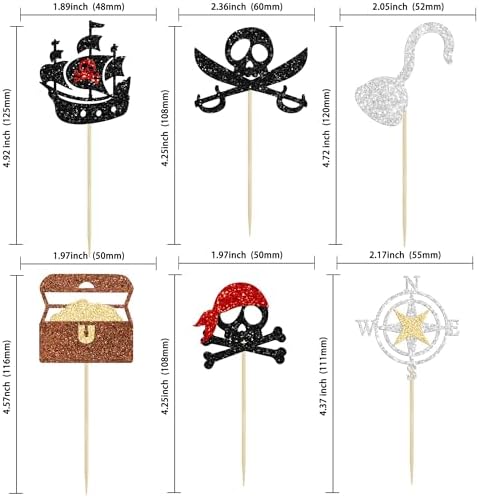 Gyufise 24Pcs Pirate Cupcake Toppers Glitter Nautical Sailing Skull Cap Flag Cupcake Picks for Pirate Theme Baby Shower Kids Birthday Party Cake Decorations Supplies