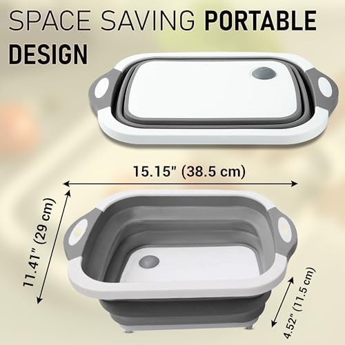 SSKT 3-in-1 Collapsible Cutting Board – Multifunctional Kitchen Sink Tub Basin with Drain, Chopping Board & Washing up Bowl – Space-Saving & Portable for Kitchen, Camping, RV, & Outdoor Use (Grey)