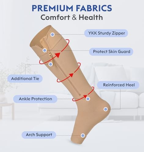 KEKING® Zipper Compression Socks for Men Women, Open Toe, 20-30mmHg Firm Support Knee High Zipper Compression Stockings for Wide Calf - Varicose Veins, DVT, Shin Splints, Edema, Nursing, Beige M