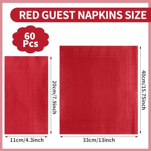 NatNarr 60 Pcs Red Napkins, Disposable Hand Towels for Bathroom Red Dinner Guest Napkin for Birthday, Wedding, Graduation