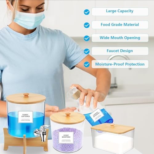 Liquid Laundry Detergent Dispenser, 10 Set Laundry Room Organization Laundry Pods Container & Dryer Sheet Holder with Lids & Labels, Fabric Softener Dispenser for Detergent Powder Dryer Balls Beads