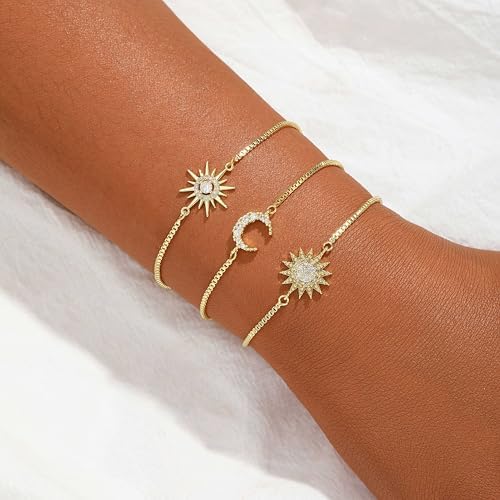Dainty Bracelets for Women, 14k Gold Plated/Silver Layered Charms Bracelet Herringbone Satellite Beads Box Rope CZ Bracelet Adjustable Cuba Link Chain Bracelet Set Jewelry Gifts