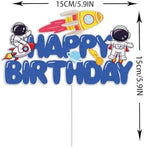 Outer Space Happy Birthday Cake Topper Blue Glitter Cake Decorations Spaceship Aliens Astronaut Rocket Solar System Planet Galaxy Boys Girls Kids Themed Birthday Outer Space Party Supplies