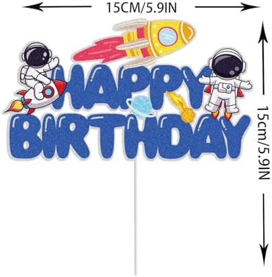Outer Space Happy Birthday Cake Topper Blue Glitter Cake Decorations Spaceship Aliens Astronaut Rocket Solar System Planet Galaxy Boys Girls Kids Themed Birthday Outer Space Party Supplies