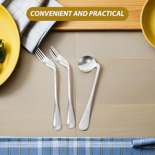 1 Set of Adaptive Utensils Angled Fork and Spoon Stainless Steel Elderly Right Handed Anti Shake Eating Utensils Self-feeding Learning Bendable Handle Silverware