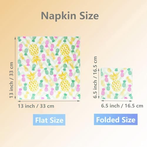 100 Count Disposable Paper Party Napkins 2 Ply Pineapple Print Decorative Beverage Guest Luncheon Dinner Cocktail Napkins for Theme Party Birthday Wedding, 6.5X6.5 Inches Folded