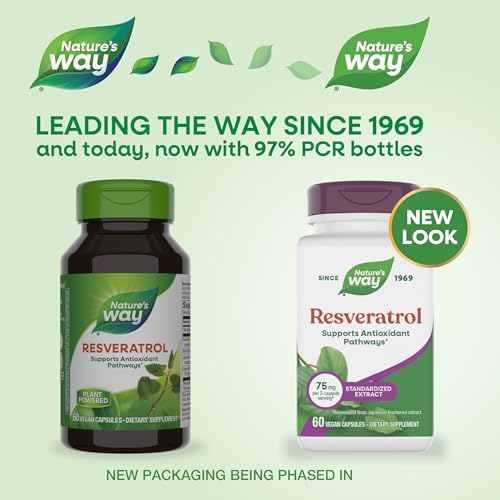 Nature's Way Resveratrol, Supports Antioxidant Pathways*, Helps Neutralize Free Radicals*, with Polyphenols from Red Wine Extract, 75mg per 2-Capsule Serving, Vegan, 60 Capsules (Packaging May Vary)