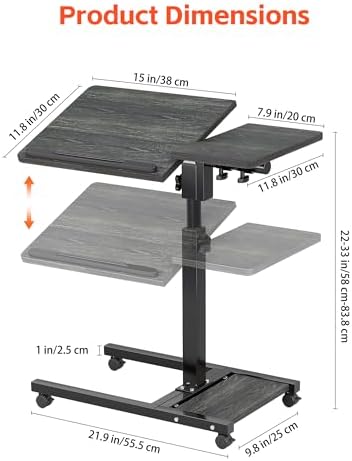Overbed Table with Wheels Adjustable Height, Mobile Standing Stand Up Rolling Laptop PC Desks with Tilting Top Height Tray Side Computer Workstation for Bedroom on Hospital Home Use, Black