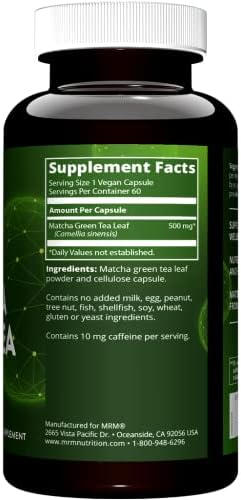 MRM Matcha Green Tea Capsules - For Women & Men - Natural Green Tea Leaf Capsules - Antioxidants, Caffeine, Vitamins & Minerals for Daily Productivity & Nutrition. Vegan and Gluten-Free - 60 Servings