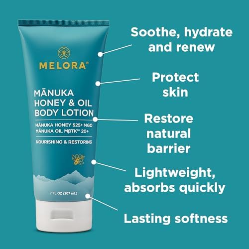 MELORA Manuka Honey Body Lotion (7oz), Moisturizing Lotion with Soothing Manuka Honey & Oil for Dry, Very Dry, Sensitive, or Aging Skin – Cream Moisturizer for Women & Men