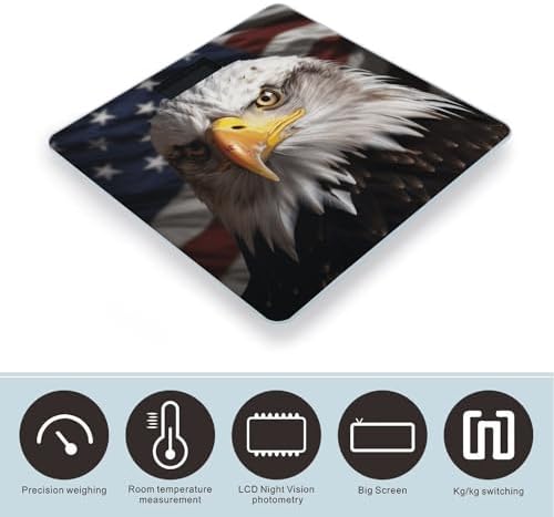 America Flag and Eagle Scale for Body Weight Highly Accurate Digital Bathroom Scales Sturdy Tempered Glass Weighing Scale with LCD Display Fashion Body Fat Smart Scales 400lb