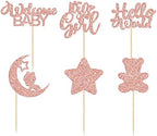 Gyufise 24Pcs Baby Shower Girl Cupcake Toppers Moon Rose Gold Glitter Bear Star It's a Girl Hello World Gender Reveal Cupcake Picks Baby Shower Kids Girls Birthday Party Cake Decorations Supplies