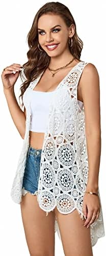 Women's Crochet Lace Vest Boho Sleeveless Kimono Irregular Hem Cardigan