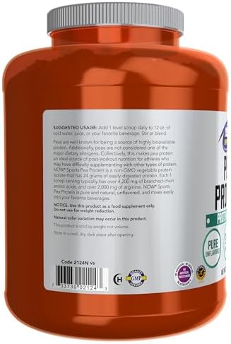NOW Foods Sports Nutrition, Pea Protein 24 g, Fast Absorbing, Unflavored Powder, 7-Pound