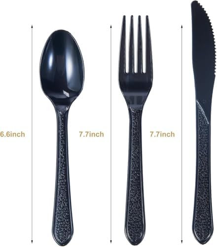 JALUXING [300 Combo Box] Black Plastic Forks Spoons Knives Heavyweight Utensils Disposable Silverware Heavy Duty Cutlery Set