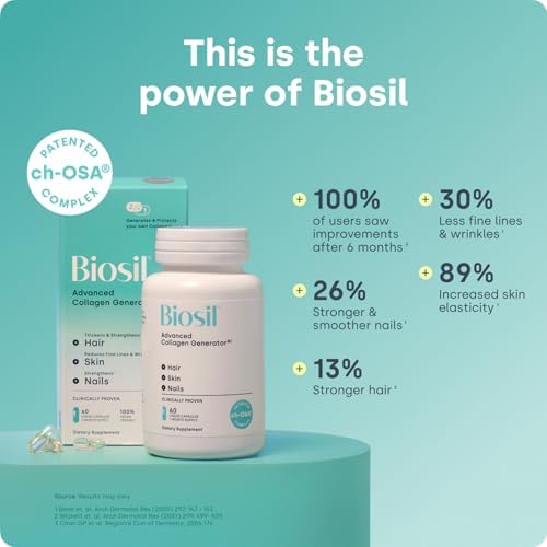 Biosil Collagen Booster Supplement - 180 Vegan Capsules - Patented ch-OSA Activator for Skin, Hair, Nails & Joints - Supports Natural Production - 90-Day Supply