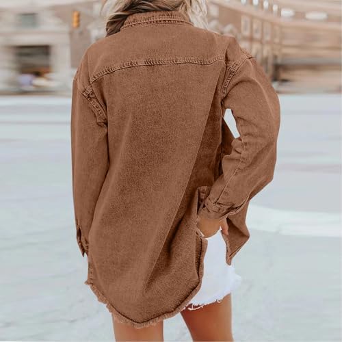 Jean Jacket Women Oversized Distressed Button Down Denim Shirt Jacket Casual Fall Vintage Long Sleeve Denim Shacket