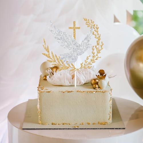 Glitter Holy Dove Cross Cake Topper, Baptism, First Holy Communion, Confirmation, Christian Wedding, Religious Baby Shower 1st Birthday Party Decorations