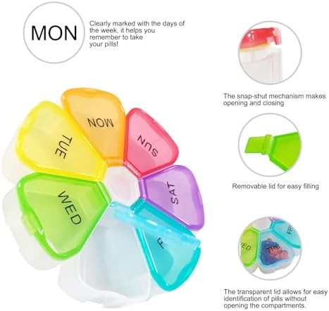 Quacc Cute Weekly Pill Organizer Travel 7 Day Portable Round Floral Pill Case Box Pill Container Medcine Holder for Large Vitamin Fish Oil Pill Medication Supplement Storage - Rainbow