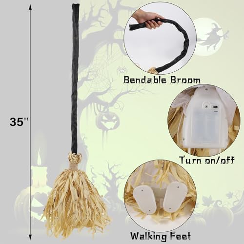 DR.DUDU Witches Broom Halloween Decor - 35" Animated Light up Moving Broomstick with Spooky Sounds, Dancing Magic Witch Broom for Indoor & Outdoor Porch Halloween Party Decorations