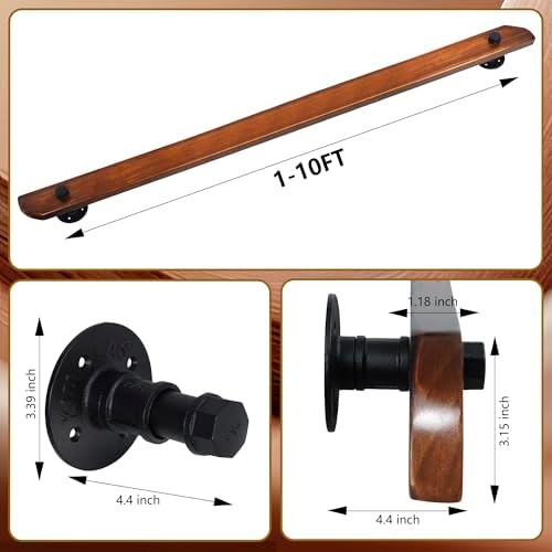 Wood Handrails, Indoor Non-Slip Staircase Handrail,Retro Rustic Wall Mount Railings Handrails, Home Loft Corridor Support Rod,Industrial Pipe Support, Easy to Install (Dark Wood, 2FT)