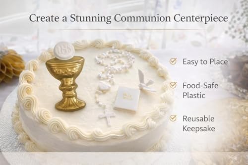 Oasis Supply First Holy Communion Cake Topper Kit – 4-Piece Religious Cake Decoration Set with Chalice & Host, Rosary, Dove and Mini Bible – Food-Safe Plastic Communion Decor