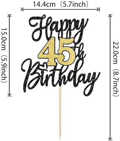 1 PCS Happy 45th Birthday Cake Topper Black Gold Glitter Cheers to 45 Years Birthday Cake Pick 45 Fabulous Cake Decoration for Happy 45th Birthday Anniversary Party Decorations Supplies