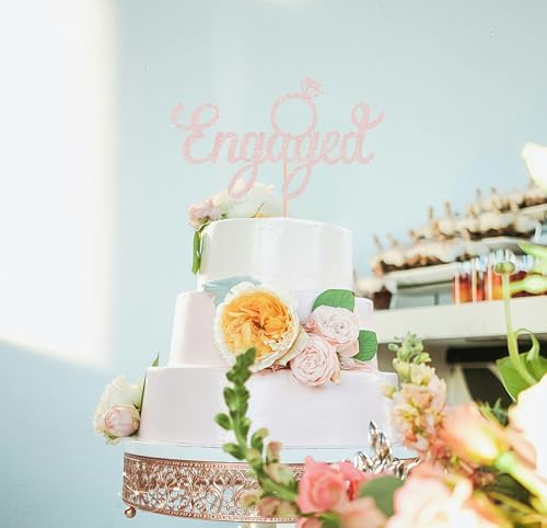 Engaged Cake Topper - Rose Gold Glitter Engagement Party Cake Decoration Supplies, Just Engaged Cake Topper for Bridal Shower Wedding Party Photo Booth Props