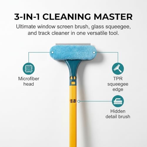 Window Screen Cleaning Brush,2 in 1 Window Screen Cleaner Tool with Squeegee,Mesh Screen Cleaner,Multi-Purpose Cleaning Brush for Patio, Door, Porch Screens (Yellow Green)