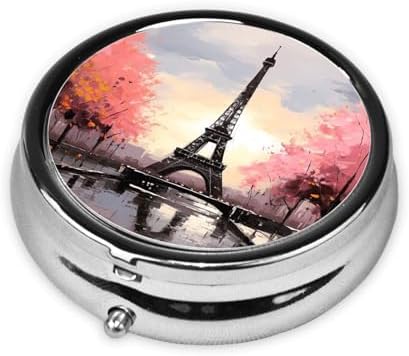 Oil Painting Paris Eiffel Tower Pill Case 3 Compartments, Metal Round Portable Pill Box with Mirror, Waterproof Travel Pill Organizer for Purse & Pocket, Small Medicine Vitamin Holder Unique Gift