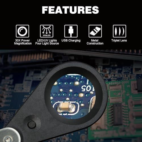 30X Jewelers Loupe Magnifier with UV and LED Lights, Four Types of Light, USB Rechargeable Illuminated Eye Loop Foldable Jewelry Magnifying Glass for Gems, Currency, Diamond, Coins,Watches,Stamps