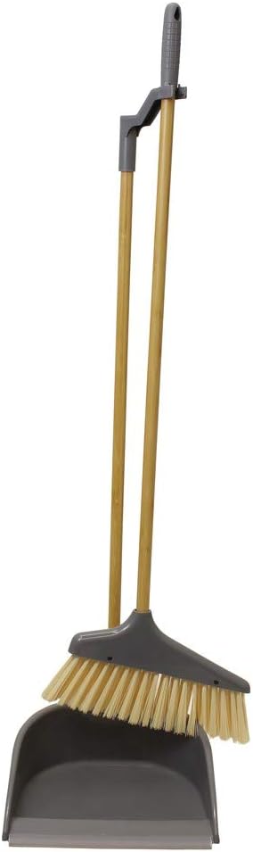 JVL Bamboo Long Handle Dustpan and Bristle Brush Set, Natural