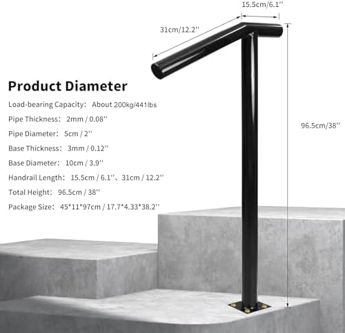 Single Post Handrail, 1-2 Step Handrails-Outdoor Stair Rail-Single Post Wrought Iron Handrail with DIY Tool Kit, 38" H Black Hand Rail Powder Coating for Concrete Steps or Wood Stairs