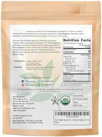 True Organic Ceylon Cloves Whole, 3.5 ounces, Premium Quality, USDA Organic & Kosher Certified, Non-GMO, Fresh Organic Cloves, Pure Ceylon Premium Quality.