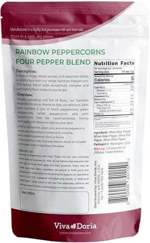 Viva Doria Rainbow Peppercorns - Four Peppercorn Blend, Whole Black, Green, Pink and White Pepper, Steam Sterilized 6 Oz, For Grinder Refill