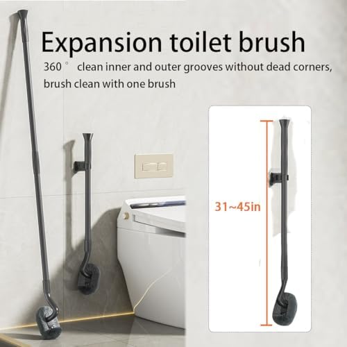 Wall Mounted Long Handle Toilet Brush Set with Holder and 2 Brush Heads Silicone and Stiff Bristle Toilet Bowl Scrubber Bathroom Brush Cleaning Tool for Home