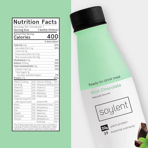 Soylent Mint Chocolate Meal Replacement Shake, Ready-to-Drink Plant Based Protein Drink, Contains 20g Complete Vegan Protein and 1g Sugar, 14oz, 12 Pack