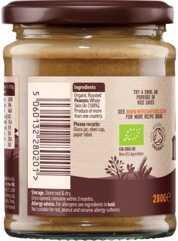 Meridian Organic Smooth Peanut Butter No Added Sugar (280g) - Pack of 2