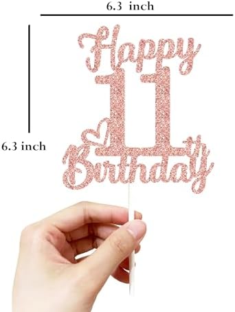 11th Birthday Cake Topper - Double Sided Rose Rose Gold Glitter, Happy 11th birthday Cake Topper for girls,11 Cake Topper For girls, 11th birthday decorations,11th Birthday Cake Topper Eleven