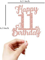 11th Birthday Cake Topper - Double Sided Rose Rose Gold Glitter, Happy 11th birthday Cake Topper for girls,11 Cake Topper For girls, 11th birthday decorations,11th Birthday Cake Topper Eleven