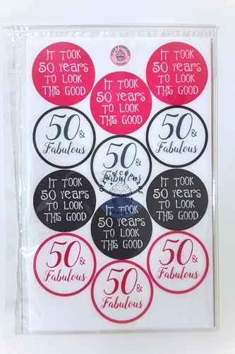 50th Birthday Edible Cupcake Toppers, Pink 50 and Fabulous Edible Cake Decorations for Women, Fifty Wafer Card Cookie Decorations, 50th Birthday Party Favors, 24 x 4cm / 1.5 Inch